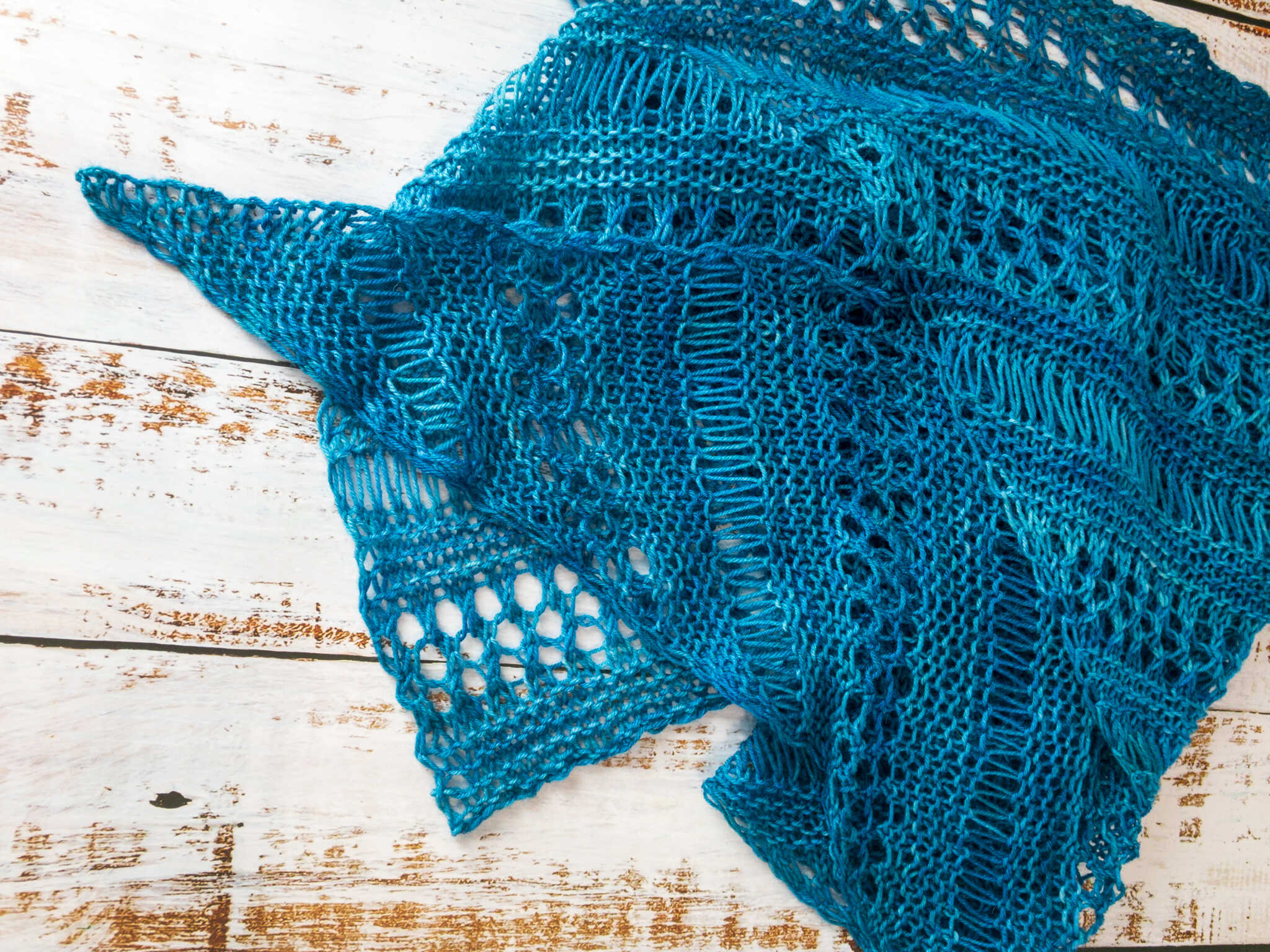 blue hand knit lace shawl