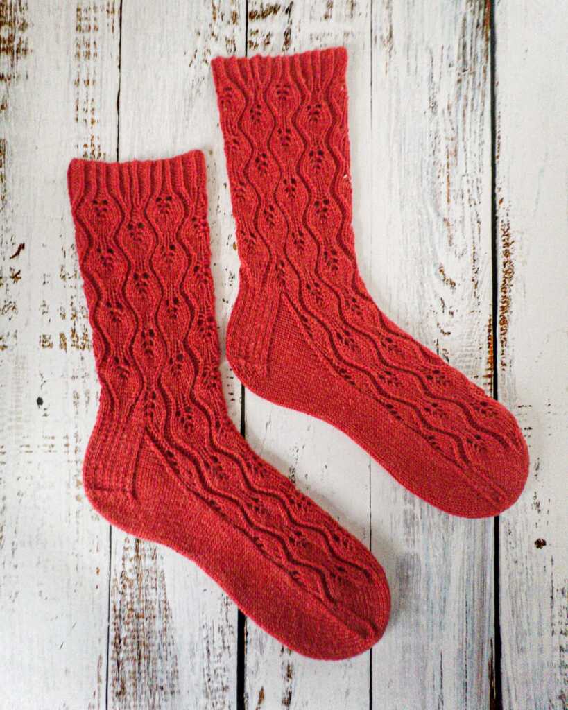 Finished Little Leafy Socks after blocking