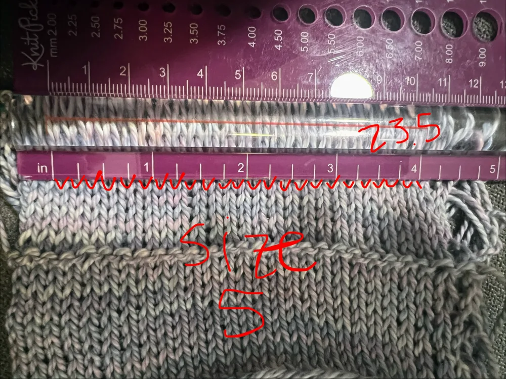 Knitting swatch showing gauge