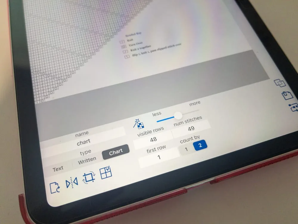 KnitCompanion row counter settings on an iPad, showing the counter set to count by 2 for alternate chart rows