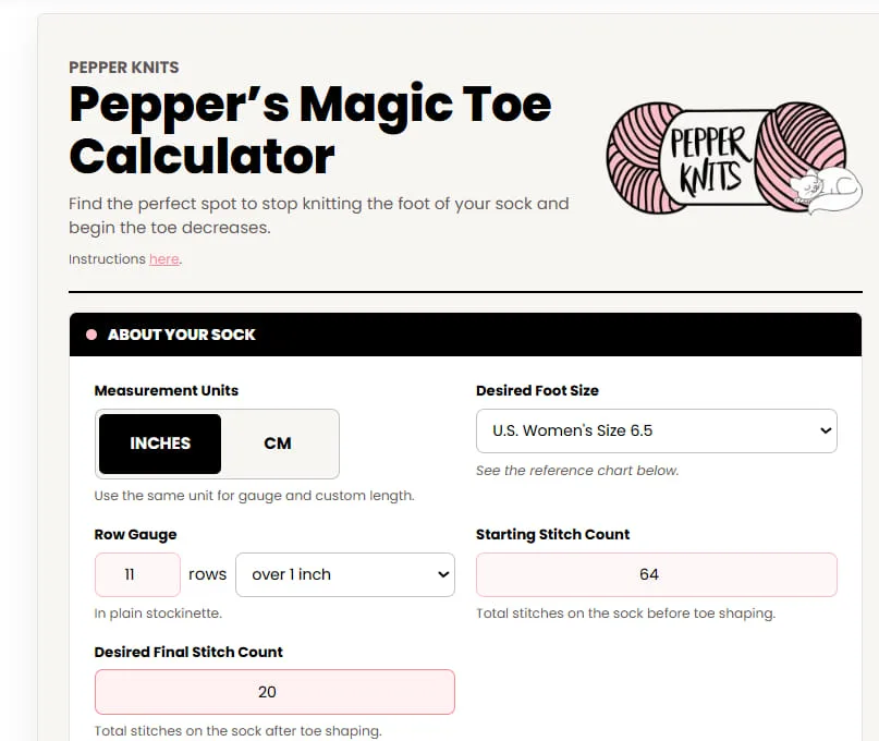 Screenshot of Pepper’s Magic Toe Calculator showing fields for measurement units, row gauge, desired final stitch count, default foot size, and starting stitch count.