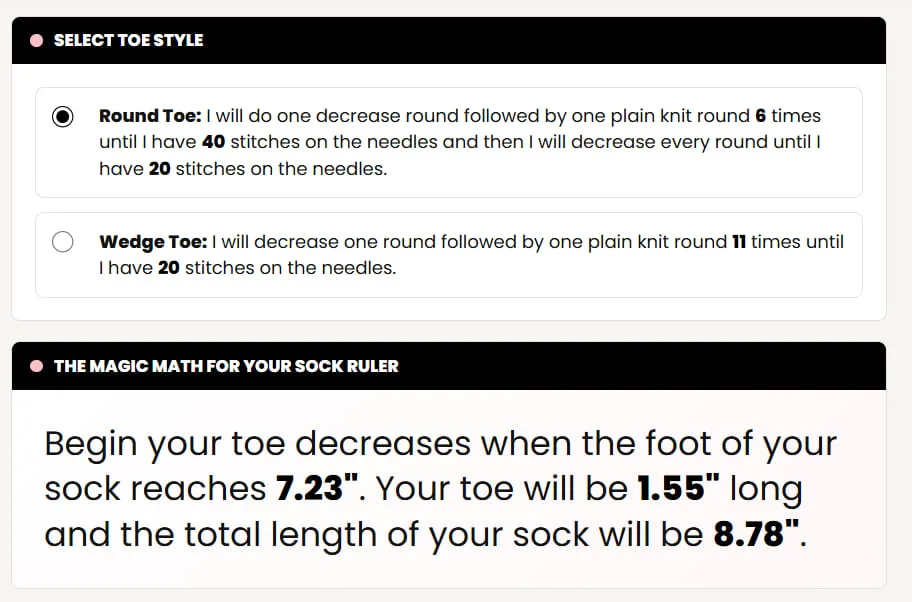 Screenshot of the calculator section where knitters choose between a round toe and a wedge toe for cuff-down sock decreases and showing the results: start toe decreases at 7.23 inches, toe length is 1.55 inches, and total sock length is 8.78 inches.