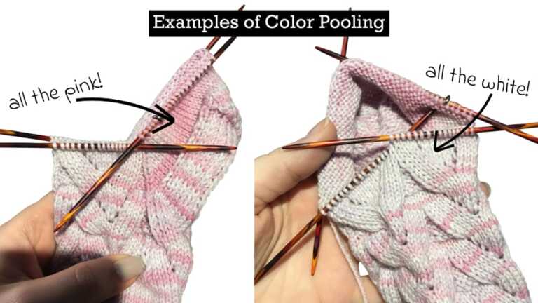 Examples of Color Pooling: Two knitted projects demonstrate yarn clustering around a sock gusset. One edge is all pink, the other all white