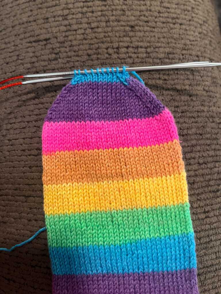 Vibrant hand-knitted project with rainbow self-striping yarn, showing knit stitches on circular knitting needles